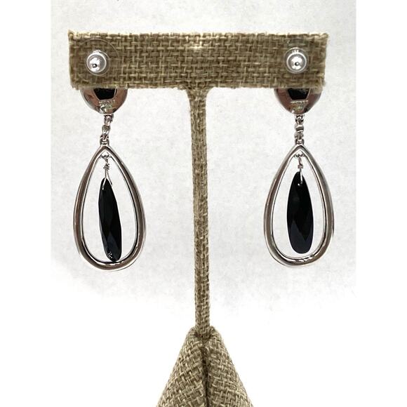 Monet Earrings Dangles Drops Silver Tone Black Rhinestones Pierced - Picture 10 of 10